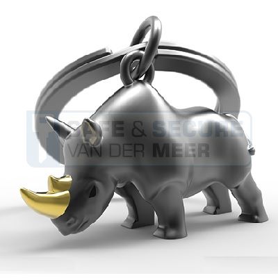 Metalmorphose sleutelhanger neushoorn in mat zwart met gouden hoorn 