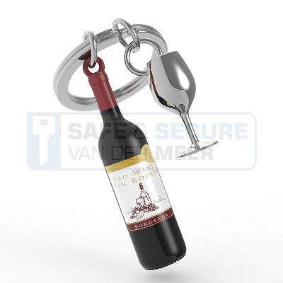 Metalmorphose sleutelhanger fles rode wijn met glas  