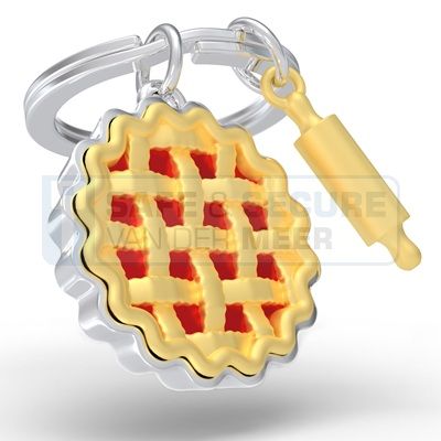 Metalmorphose sleutelhanger taart in bakvorm met deegroller 