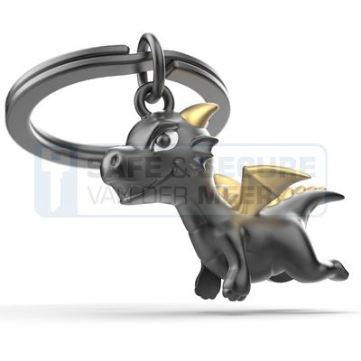 Metalmorphose sleutelhanger zwart draakje met goudkleurige vleugels 